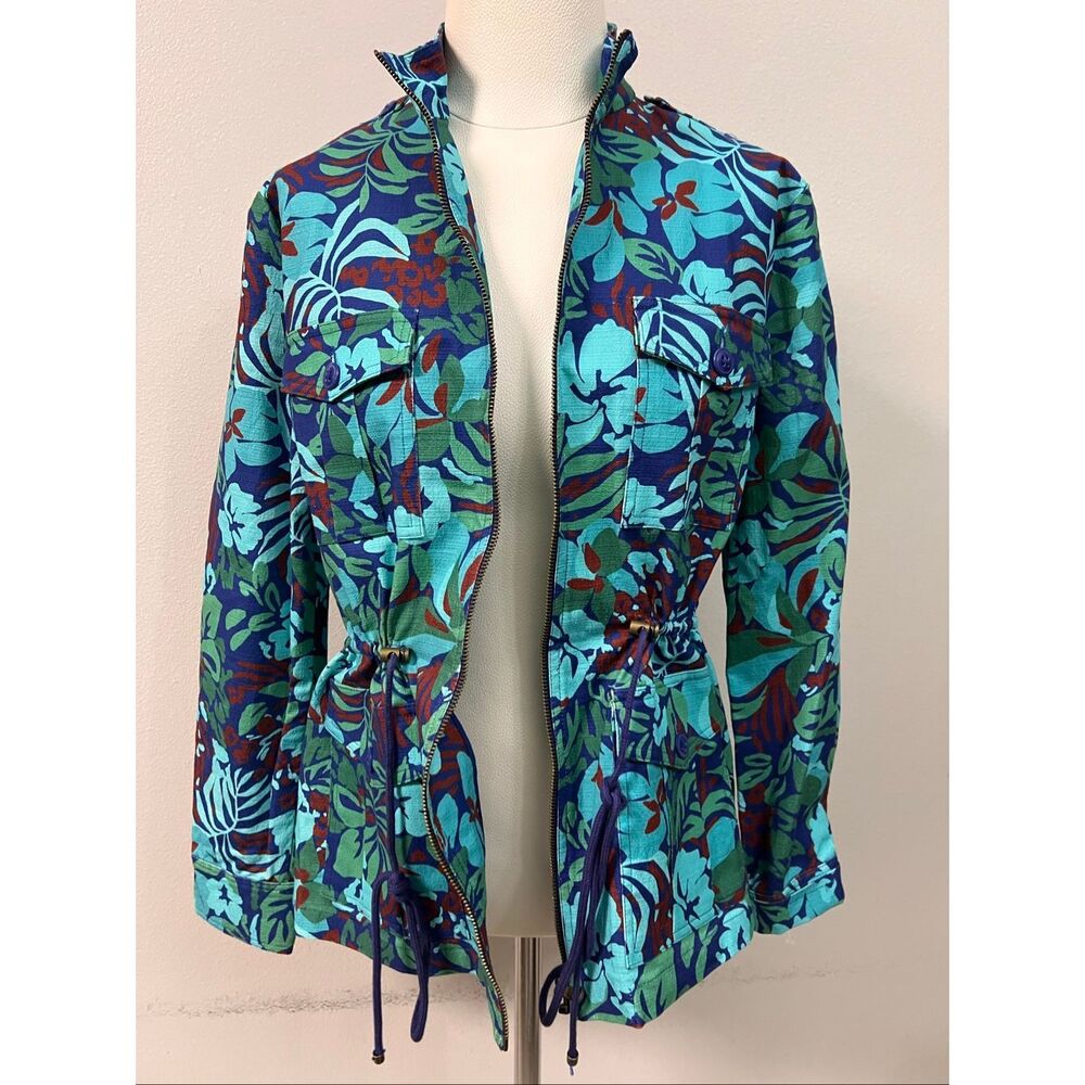 Trina Turk Women's Full Zip Cinched Waist Bouyant Tunic Jacket Green Blue Small